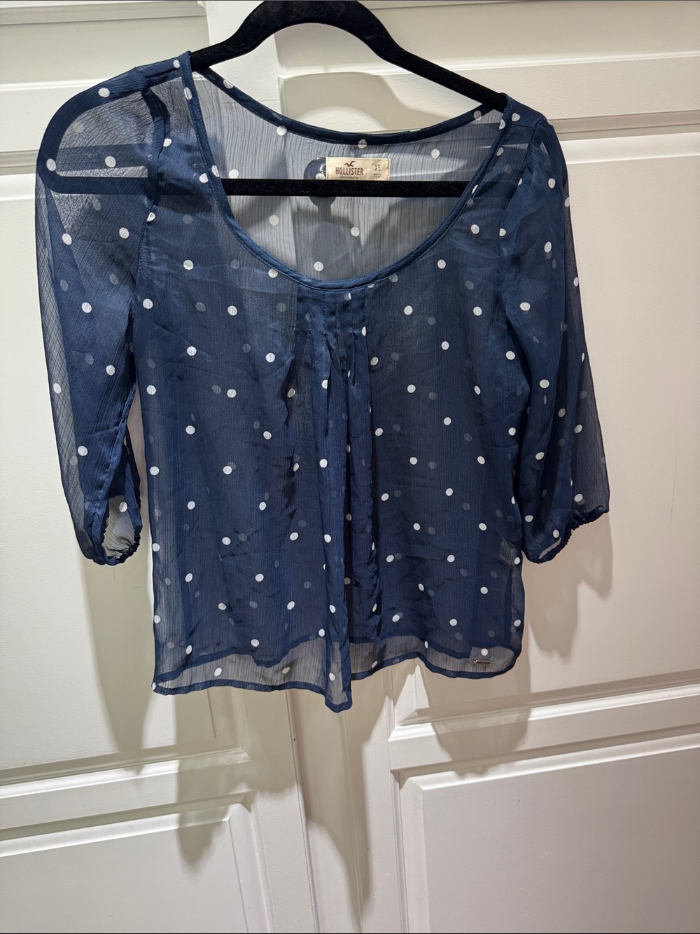 Hollister Navy and White Polka Dot Sheer Blouse